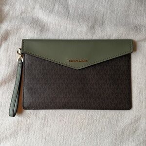Michael Kors Olive & Brown Signature Envelope Wristlet